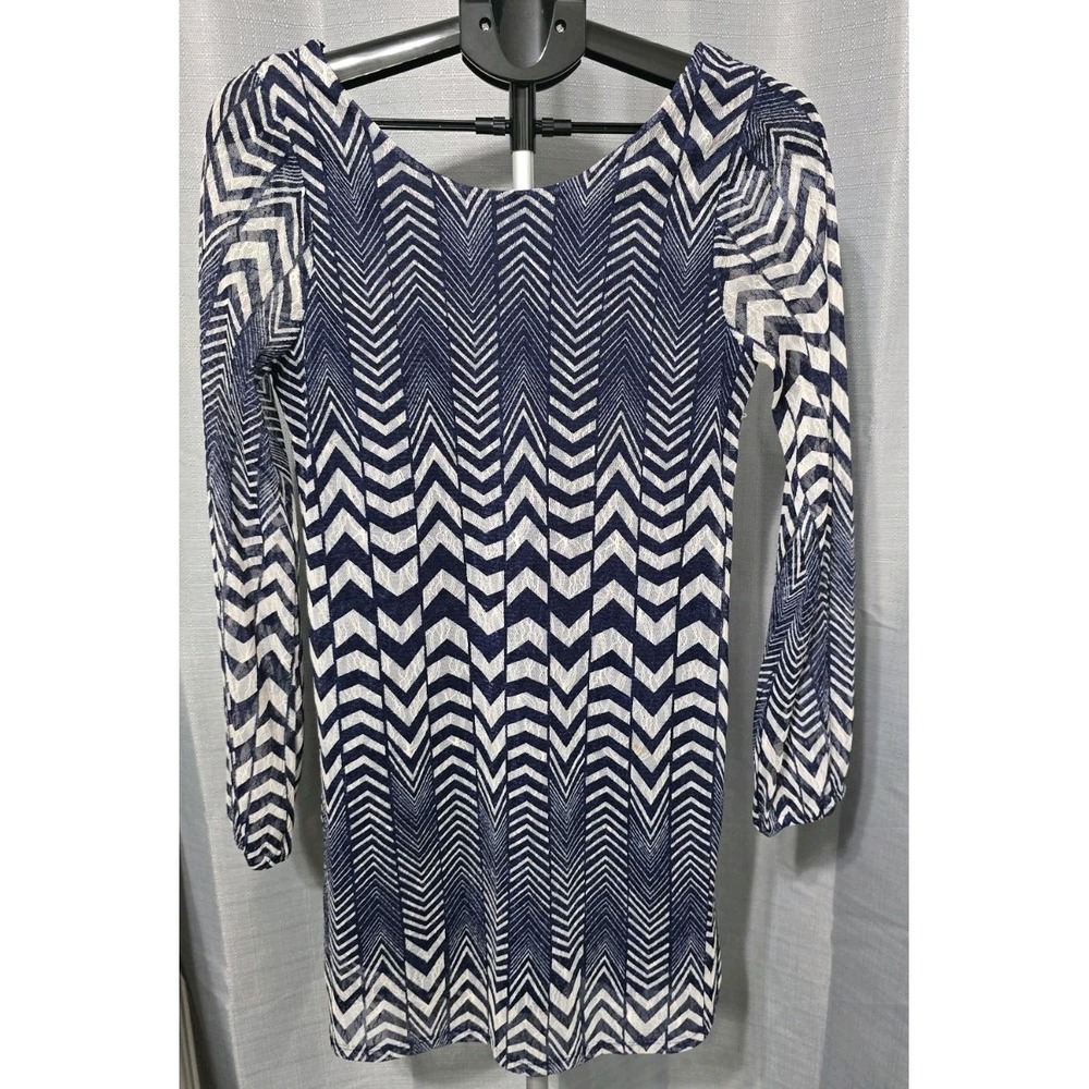 Fire LA Women's Medium Dress Navy‎ Blue/White Zig Zag Pattern Sheer Long-sleeves